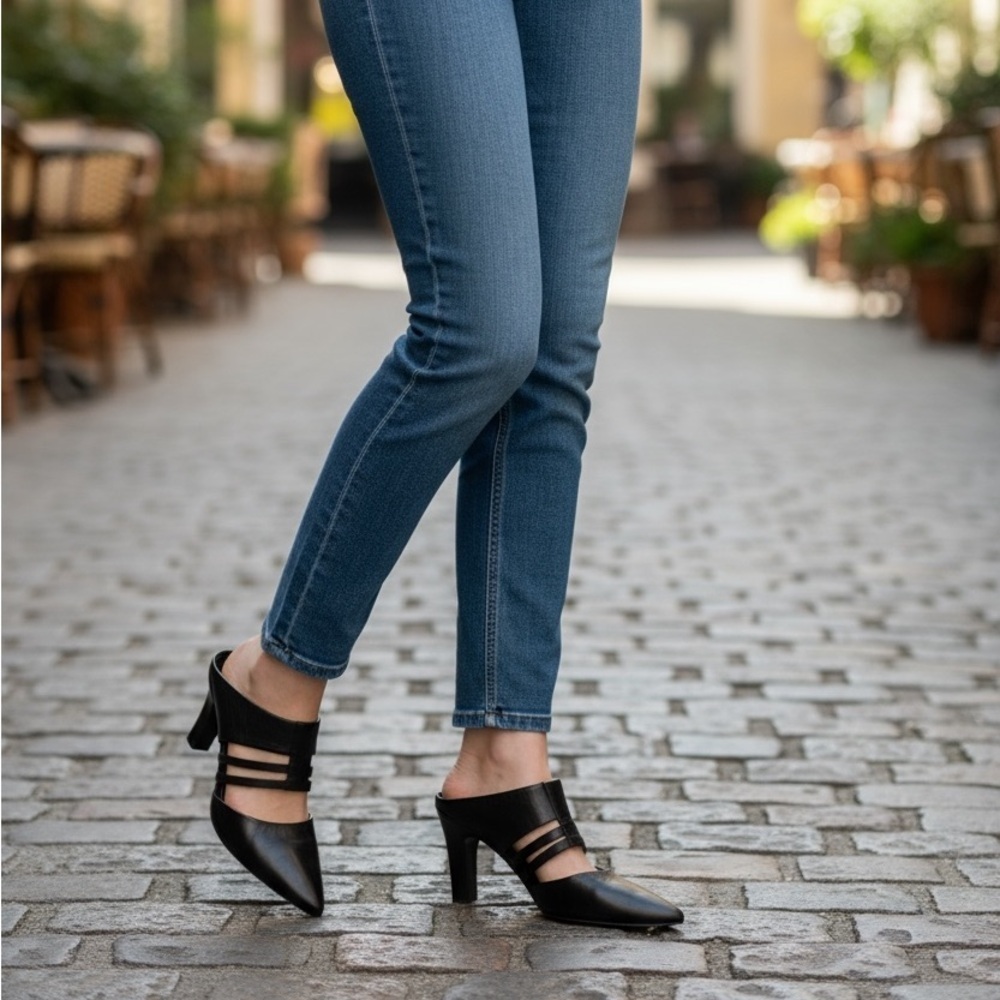 Tahari Black Strappy Leather Heels SZ 8M